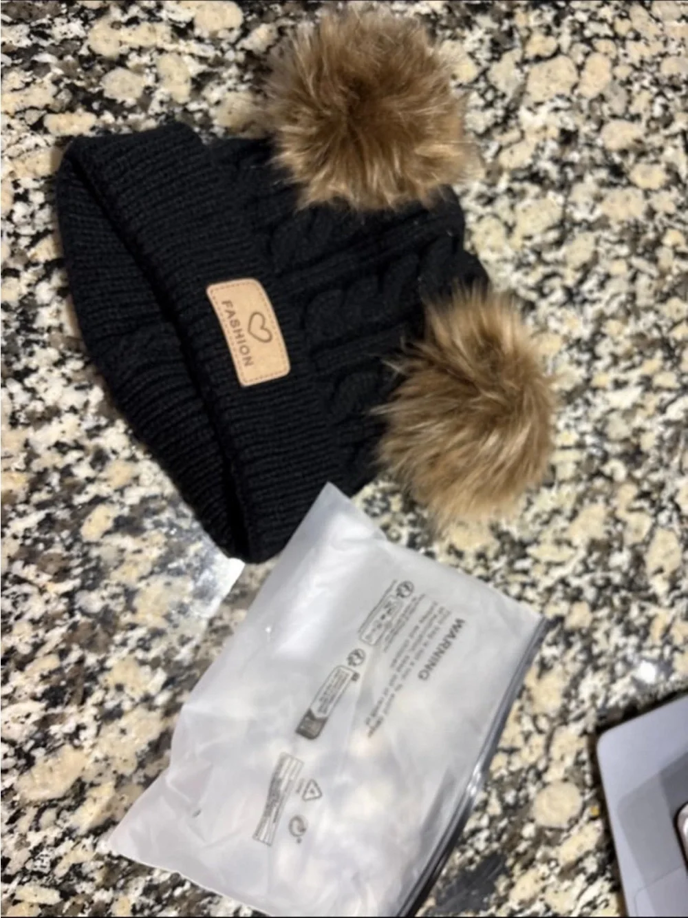 Black Cable Knit Double Faux Fur Pom Pom Beanie Hat – New Without Tags